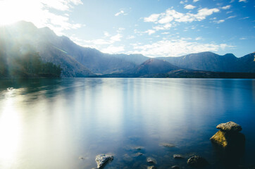 Panoramic image of Segara Anak Lake in Mount Rinjani, Lombok, Indonesia