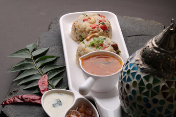 upma Ven Pongal with Sambar, coconut Chutney popular Indian breakfast food Tamil Nadu festival Pongal made with Rava or semolina