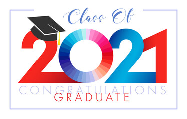 Class of 2021 year graduation banner. Class off happy holiday invitation card. Red and blue digits, zero sign. Isolated abstract graphic design template. Brush stroke calligraphy. White background