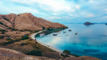 Aerial iew of Gili Laba or Lawa Darat located in Komodo National Park, Labuan Bajo, Indonesia. Strong current can be seen entering into the channel