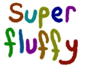Handwritten "super fluffy" text with fluffy colorful brush isolated on the white background