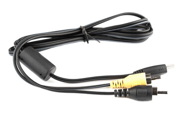 Black data cable with ferrite filter and various types of connectors. Black cable on a white background. Copy space.