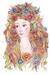 Girl with flowers on her head (Autumn) - Hand painted drawing isolated on white background	