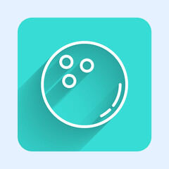 White line Bowling ball icon isolated with long shadow. Sport equipment. Green square button. Vector Illustration.