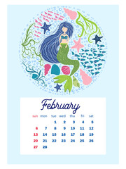 Marine life. Wall calendar design template for 2022, A4 format. Week starts on Sunday. Whale, mermaid, snail, shark, crab, stingray, seahorse, dolphin, octopus, turtle, jellyfish, clown fish etc.