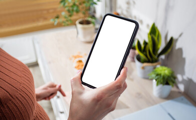 Woman standing in kitchen, using smartphone during cooking