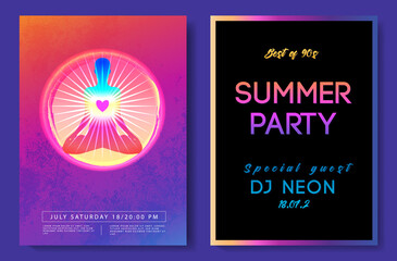 Retro Futurism banner set. Vector futuristic synth wave illustration. 80s Retro poster Background with Night City Skyline and Buddha. Rave party Flyer design template in 1980s style.