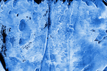 Blue ink and watercolor frost texture on white paper background. Paint leaks and decalcomania effects. Hand-painted gouache abstract image. Mess on the canvas.