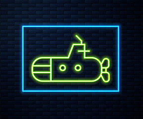 Glowing neon line Submarine icon isolated on brick wall background. Military ship. Vector.