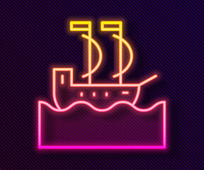 Glowing neon line Sailboat or sailing ship icon isolated on black background. Sail boat marine cruise travel. Vector.