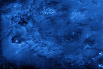 Obraz premium Blue ink and watercolor frost texture on white paper background. Paint leaks and decalcomania effects. Hand-painted gouache abstract image. Mess on the canvas.