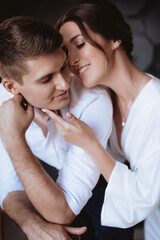 Happy bride in white dress and groom on their wedding,  Bridal couple, Happy Newlywed woman and man. Loving wedding couple. 