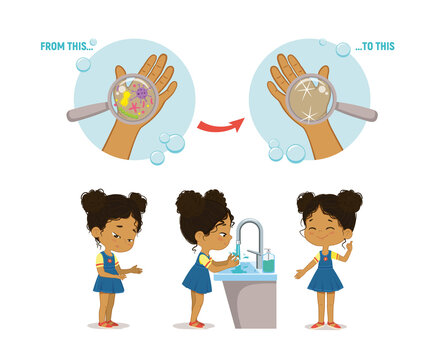 Illustration of a african american girl washing her hands on a white background. Step Poster Infographic illustration.
