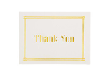 White and gold Thank You greeting card isolated on white