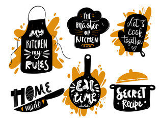 Hand written vector cooking lettering set on white background. Vector cooking lettering set with kitchenware silhouette. Design concept for cooking classes, courses, food studio, cafe, restaurant.