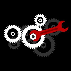 Wrench with cogwheel gear mechanism symbol. A wrench on a nut. Vector illustration.