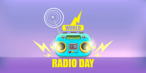 World radio day horizontal banner with vintage old orange cassette stereo player isolated on violet background. Cartoon funky hipster Radio day banner or poster
