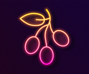 Glowing neon line Olives branch icon isolated on black background. Vector.