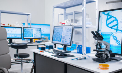 Interior of modern scientific research laboratory. Genetic engineer workplace. Future technology and science.