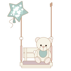 Baby shower card with teddy bear in a swing