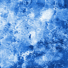 Blue ink and watercolor frost texture on white paper background. Paint leaks and decalcomania effects. Hand-painted gouache abstract image. Mess on the canvas.