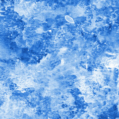 Blue ink and watercolor frost texture on white paper background. Paint leaks and decalcomania effects. Hand-painted gouache abstract image. Mess on the canvas.
