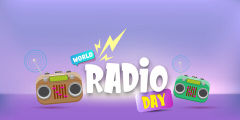 World radio day horizontal banner with vintage old orange cassette stereo player isolated on violet background. Cartoon funky hipster Radio day banner or poster