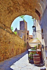 old alley in the village of Castiglione della Pescaia, a famous medieval town overlooking the Tuscan coast in the province of Grosseto, Italy - obrazy, fototapety, plakaty