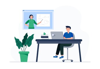 A little boy is watching video lessons. Online education, e-learning, studying at home. Vector flat illustration.