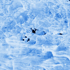 Fototapeta premium Blue ink and watercolor frost texture on white paper background. Paint leaks and decalcomania effects. Hand-painted gouache abstract image. Mess on the canvas.