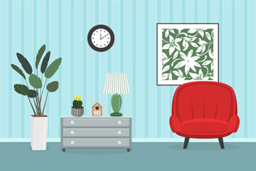 Decorative сolorful living room of armchair, nightstand, torchere, table lamp, clock, cozy plant, wallpaper, painting, wood decor Sweet Home with heart. Interior vector flat collection illustration