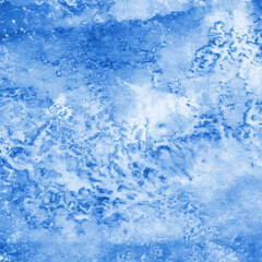 Blue ink and watercolor frost texture on white paper background. Paint leaks and decalcomania effects. Hand-painted gouache abstract image. Mess on the canvas.