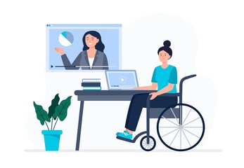 A woman in the wheelchair watches video lessons. Online education, e-learning, studying at home. Vector flat illustration.