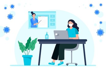 A girl with face mask studies online. Webinar, conference, course, lecture, and training. Online education, e-learning, studying at home. Vector flat illustration.