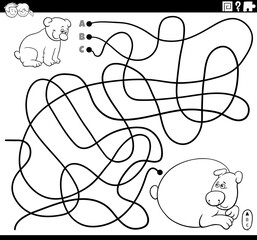 line maze with cartoon baby bear with mother coloring book page