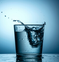 A glass of clear water. Ice falls and creates splashes