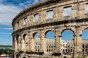 Naklejka premium Detail of the Amphitheater in Pula, Croatia, an arena built in 27 BC during the Roman Empire rule
