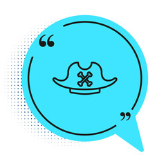 Black line Pirate hat icon isolated on white background. Blue speech bubble symbol. Vector.