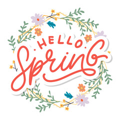 Fototapeta na wymiar Hello Spring Flowers Text Background Frame lettering slogan