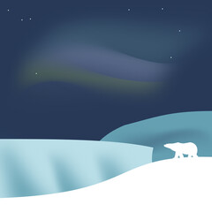 Illustration. A polar bear. Northern lights. Lots of snow. Starry sky.