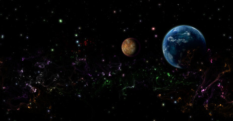 Space illustration of planets and stardust.