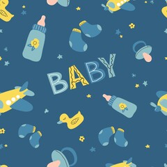 Seamless pattern Nursery baby boy. Icons of baby items.