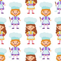 Seamless pattern girl Chef with Ladle, saucepan and cute little girl chef holds a cupcakes on the tray.
