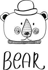 vector sketch cute bear in hat sketch black and white isolated