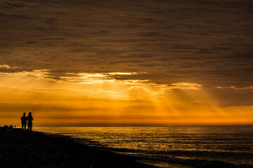 Fototapeta premium couple walking on the beach at sunset