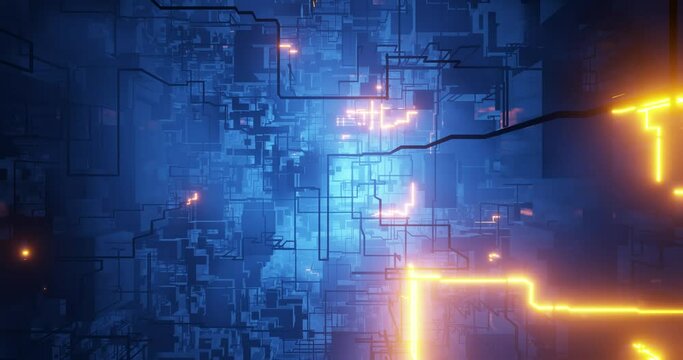 Digital City in motion with Neon High Tech  Abstract background. Tech hardware, circuit and data glowing, circuitry design or information super highway. 3D render, 4K loop	