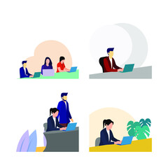 flat design of a team in work