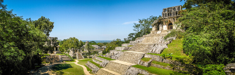 temple ruins in the jungle in the ancient Maya City of Palenque, Mexico