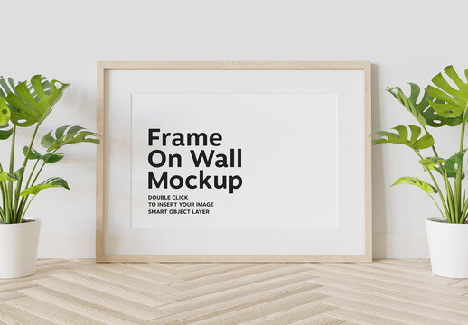 Wooden Frame Leaning on Wall Mockup