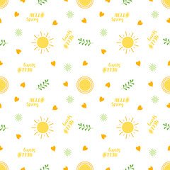 Seamless spring and summer pattern with yellow sun and hearts